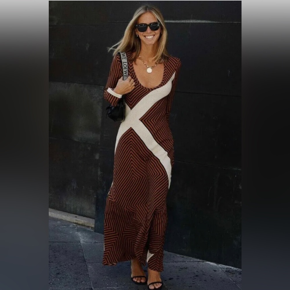 NWT_ZARA FW21 WOMAN STRIPED DRESS Brown | size -L